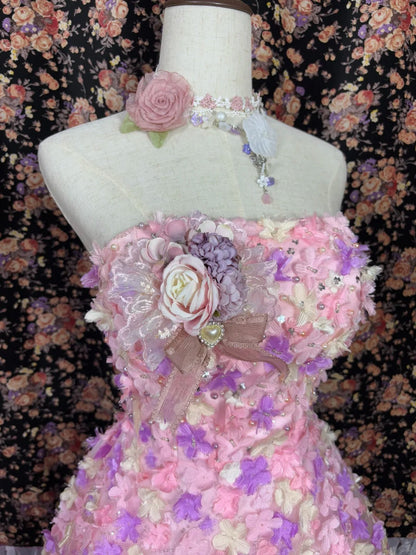 Cute Strapless Floral Tiered Ruffle Birthday Party Dress Quinceanera Dress Prom Dress Evening Dress D1985