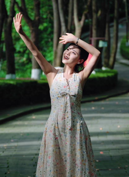 Cute A Line Halter Floral Maxi Dress Summer Vacation Seaside Dress Women Dress  D1999