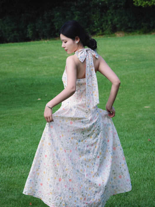 Cute A Line Halter Floral Maxi Dress Summer Vacation Seaside Dress Women Dress  D1999