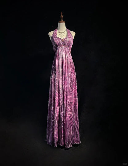 Elegant Halter Pleated Print Backless Prom Dress Evening Dress Party Dress   D2120