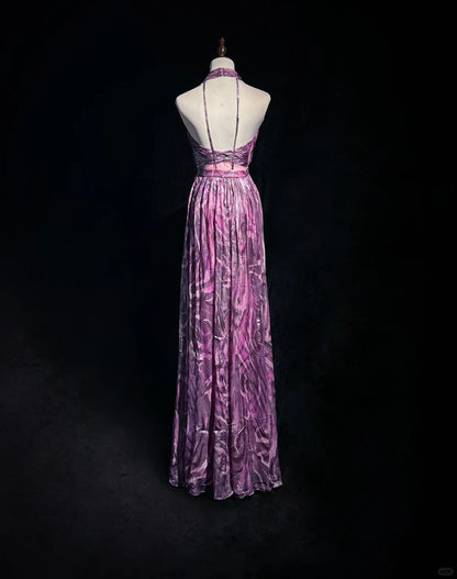 Elegant Halter Pleated Print Backless Prom Dress Evening Dress Party Dress   D2120