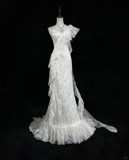 Elegant Asymmetrical Neckline Ruffle Pleated Floor Length Prom Dress Wedding Dress Evening Dress Party Dress   D2123