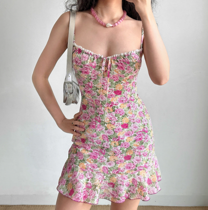 Charming Spaghetti Straps Lace up Print Floral Short Skirt Teenage Girl Women Summer Date Dress Seaside Dress  D2188