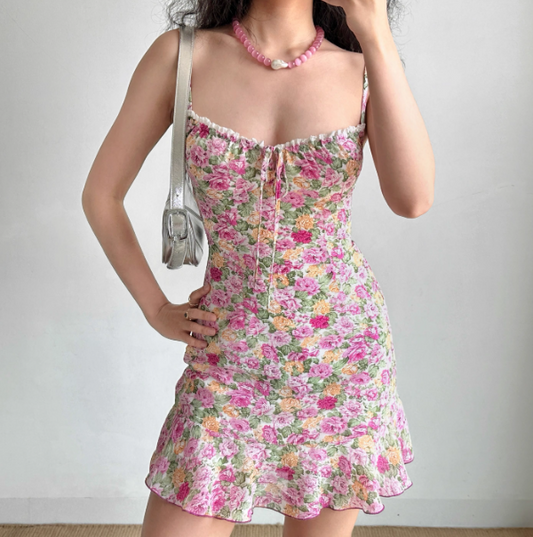 Charming Spaghetti Straps Lace up Print Floral Short Skirt Teenage Girl Women Summer Date Dress Seaside Dress  D2188