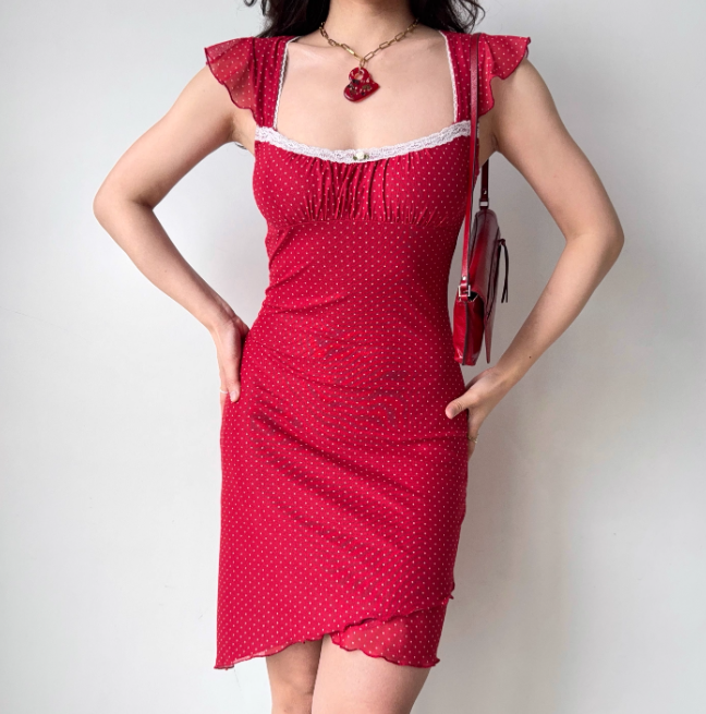 Cute Summer Dress Square Neck Polka Dot Short Skirt Women Teenage Girl Vacation Seaside Date Dress  D2281