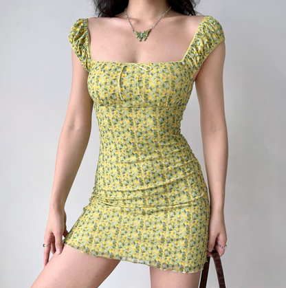 Cute Summer Dress Square Neck Short Fitted Print Skirt Women Teenage Girl Vacation Date Party Dress    D2283