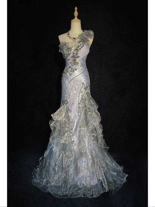Beauty Prom Dress One Shoulder Tulle Ruffle Gala Dress Evening Dress Business Dinner Dress   D2324