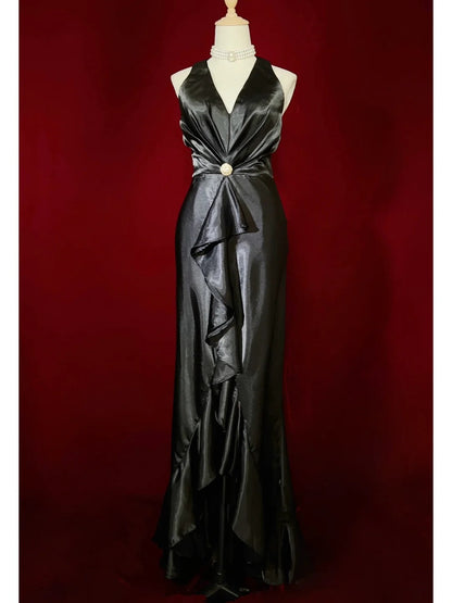 Charming Prom Dress V-neck Backless Ruffle Evening Dress Prom Gown Gala Dress Business Dinner Dress  D2440