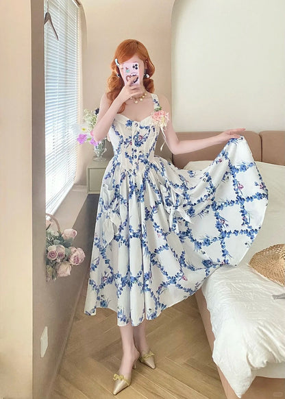 Charming Summer Dress A Line Spaghetti Straps Pleated Print Women Date Dress Vacation Dress  D2860