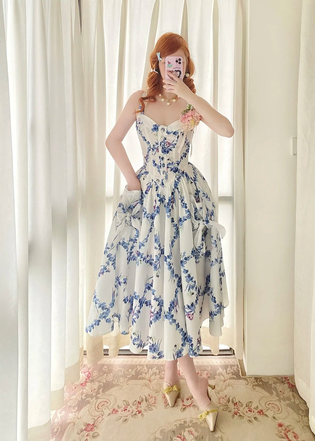 Charming Summer Dress A Line Spaghetti Straps Pleated Print Women Date Dress Vacation Dress  D2860