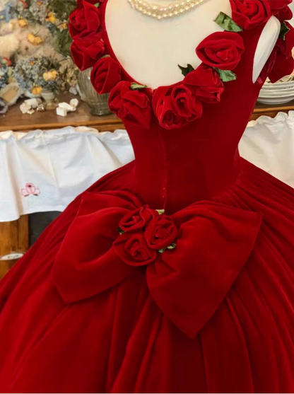 Cute Prom Dress Red Crew Neck Ruffle Pleated Ball Gown Quinceanera Dress Princess Dresses  D2939