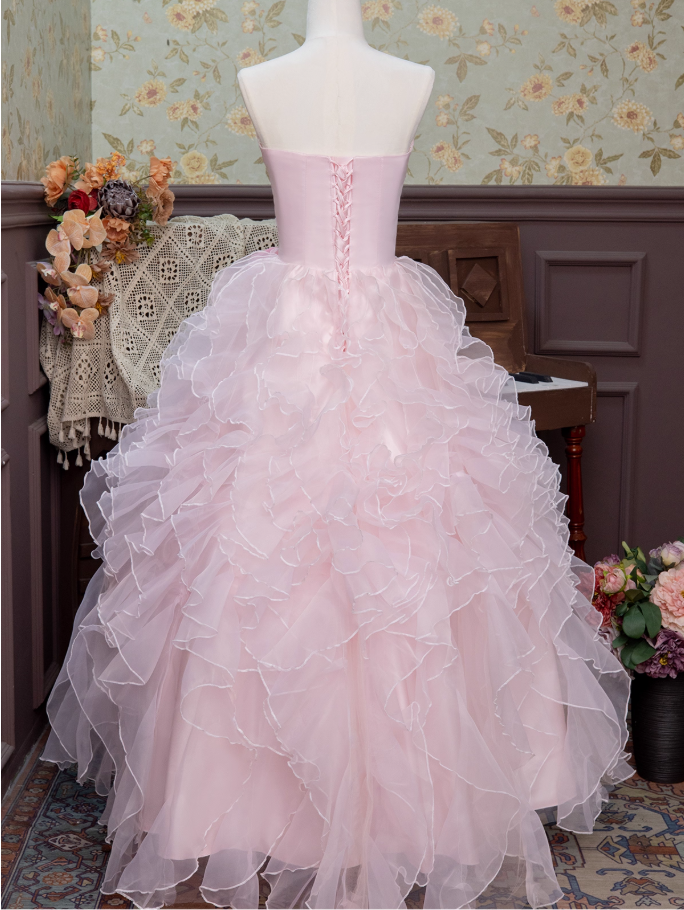 Cute Prom Dress Pink Strapless Pleated Ruffle Ball Gown 16th Dress Evening Dress  D2942