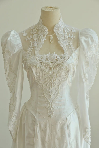 Elegant High Collar Backless Pearl Lace Wedding Dress D3000