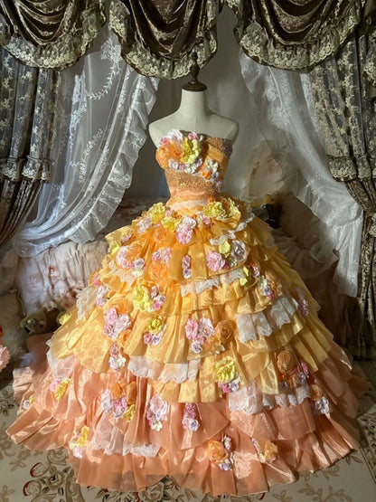 Beauty Prom Dress Strapless Flower Tiered Ball Gown Evening Dress Sweet 16 Dress    D3052