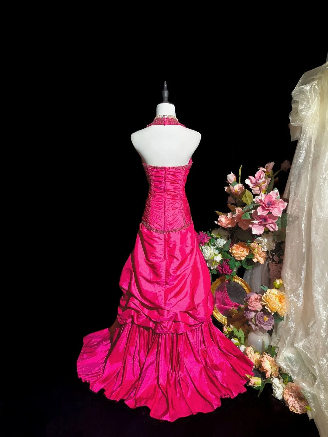 Charming Prom Dress Hot Pink A Line Halter Pleated Evening Dress Gala Dress    D3104