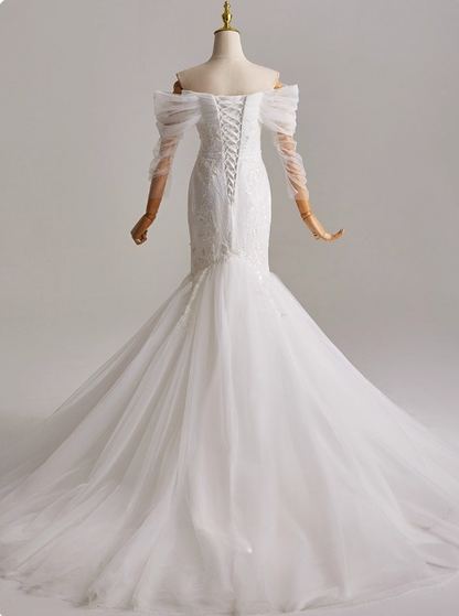 Elegant Off Shoulder Long Sleeve Tulle Pleated Mermaid Wedding Dress D3164