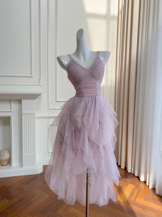 Elegant Homecoming Dress V-neck Pleated Short Prom Dress Birthday Party Outfits Cocktail Dress     D3335
