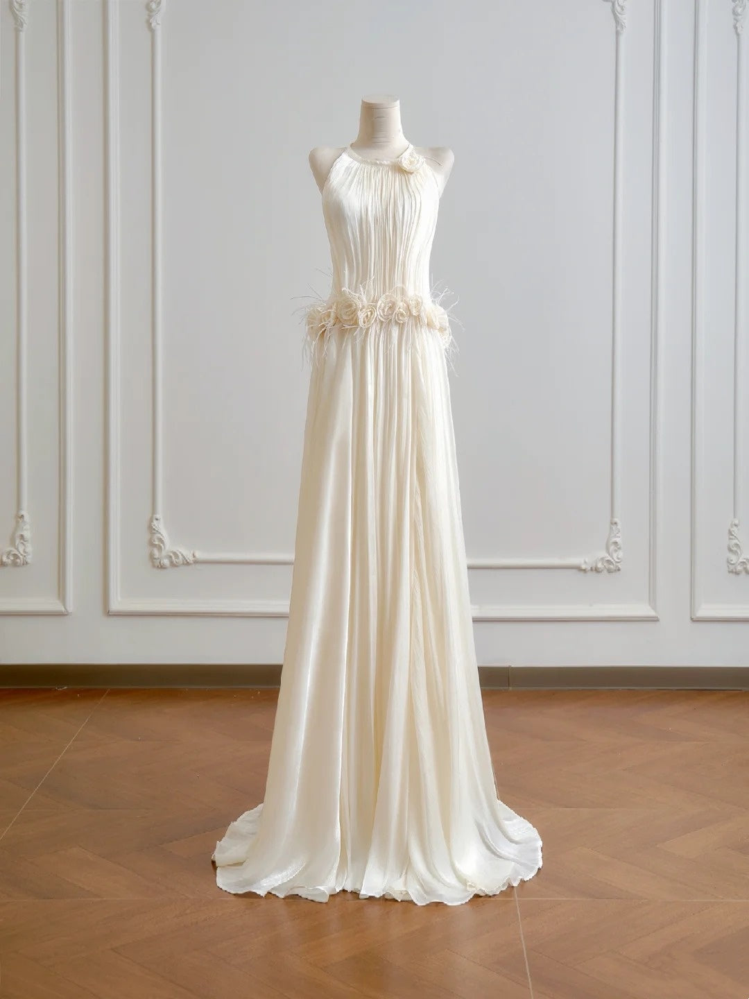 Charming Wedding Dress A Line Crew Neck Pleated Wedding Dress D3387
