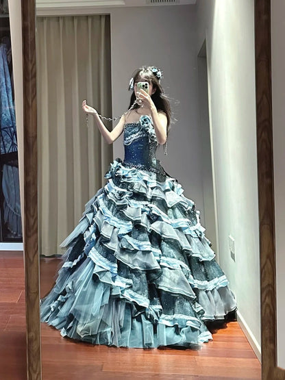 Charming Prom Dress Strapless Tiered Pleated Ball Gown Birthday Party Dresss   D3449