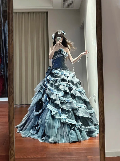 Charming Prom Dress Strapless Tiered Pleated Ball Gown Birthday Party Dresss   D3449