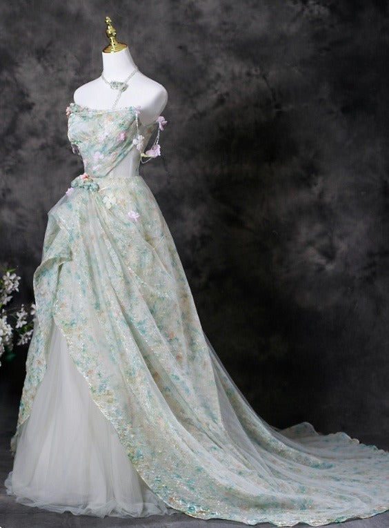 Charming Prom Dress Strapless Pleated Print Evening Dress Gala Dress    D3707