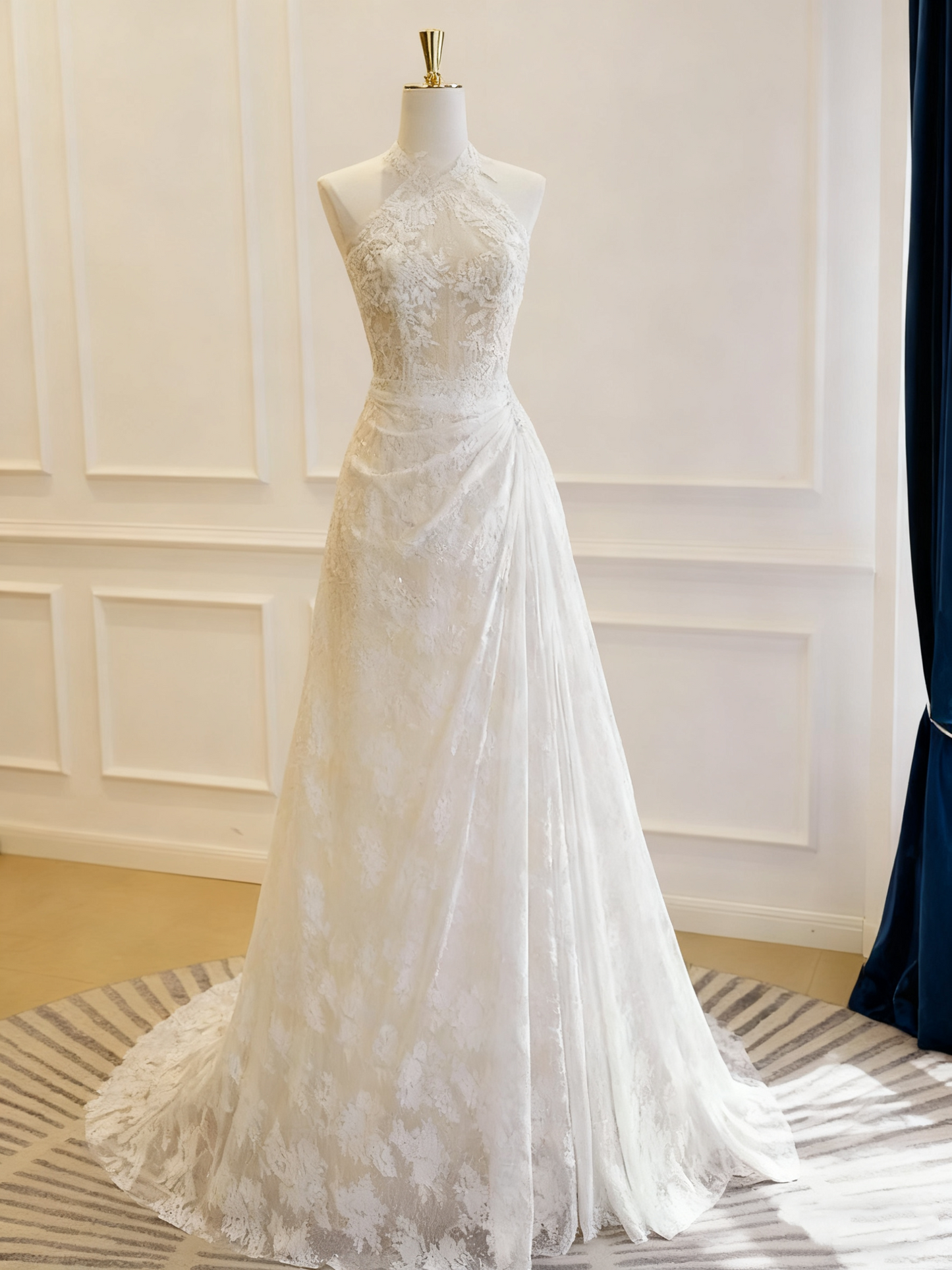 Charming Wedding Dress Crew Neck Lace Pleated Wedding Dress  D3777