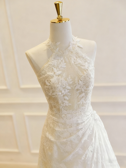 Charming Wedding Dress Crew Neck Lace Pleated Wedding Dress  D3777