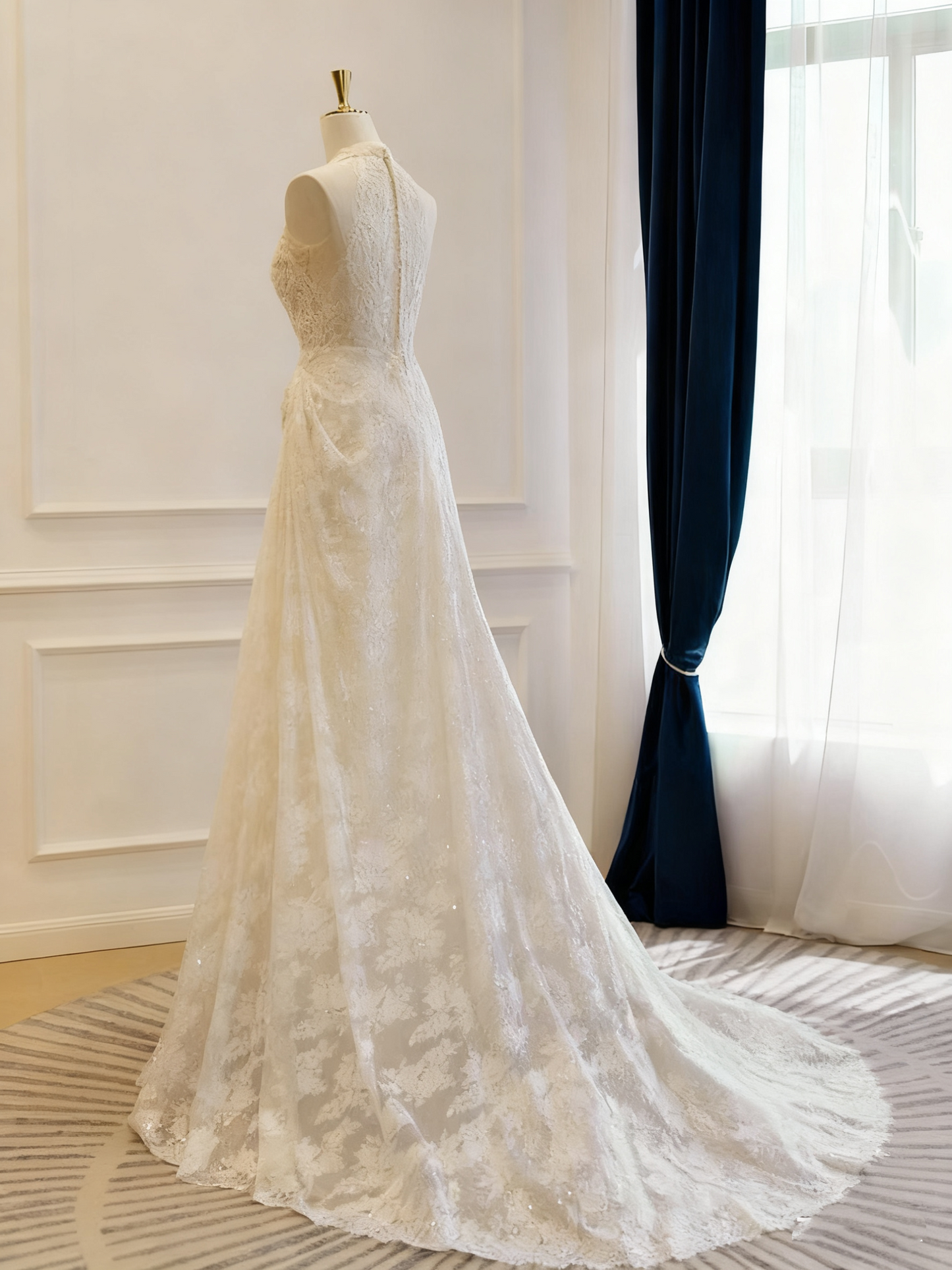 Charming Wedding Dress Crew Neck Lace Pleated Wedding Dress  D3777
