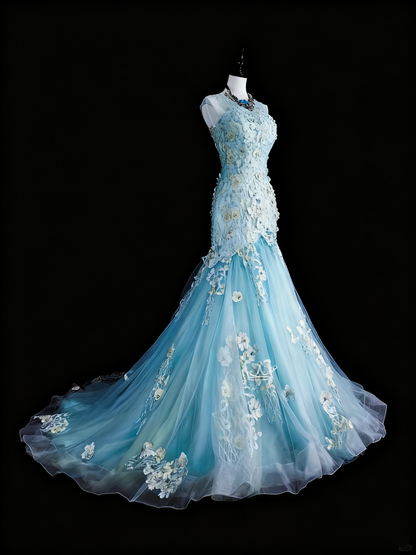 Beauty Prom Dress Light Blue Pleated Tulle Mermaid Evening Dress Birthday Party Outfits    D3878