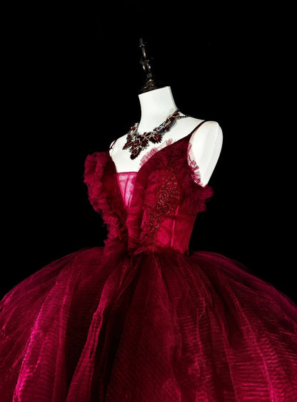 Charming Prom Dress Wine Red Spaghetti Straps Pleated Tulle Ball Gown Evening Dress Birthday Dress  D3899
