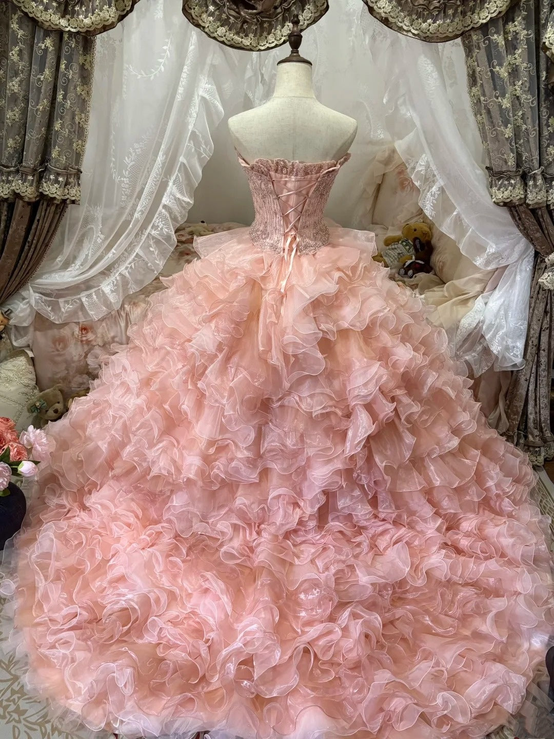 Beauty Prom Dress Strapless Ruffle Tiered Evening Dress Quinceanera Dress Ball Gown    D4012