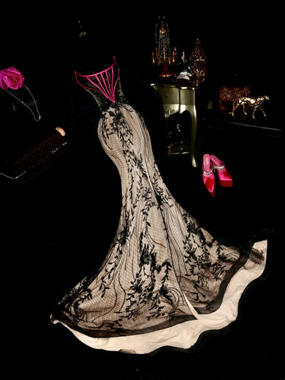 Chic Prom Dress Strapless Lace Mermaid Evening Dress Gala Dress Formal Dress     D4297