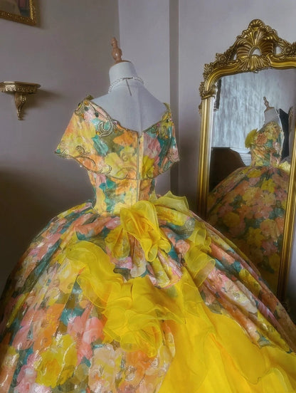 Charming Prom Dress Boat Neck Print Quinceanera Dress Ball Gown Evening Dress       D4343