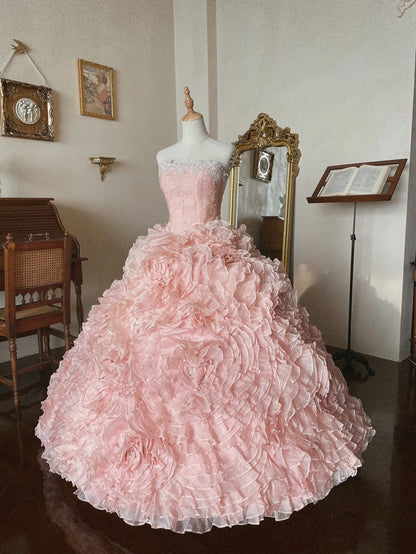 Charming Prom Dress Light Pink Strapless Pleated Tiered Quinceanera Dress Ball Gown Evening Dress       D4357