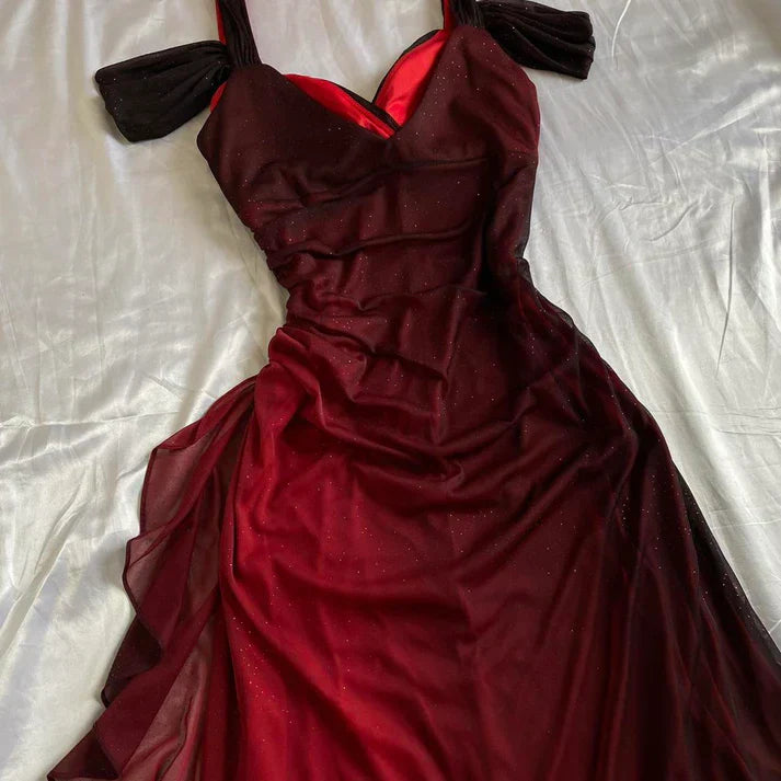 Burgundy Prom Dress A Line Shiny Sweetheart Long Gala Dress Ruffled Evening Gown Birthday Party Dress  MD7587