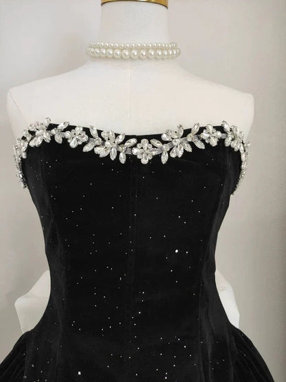 Black Strapless Short Prom Dress Beaded Evening Party Dress  MD7590