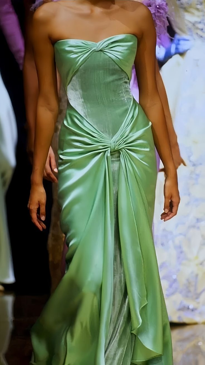 Elegant Green Strapless Sheath Velvet Satin Long Formal Party Dress MD7716