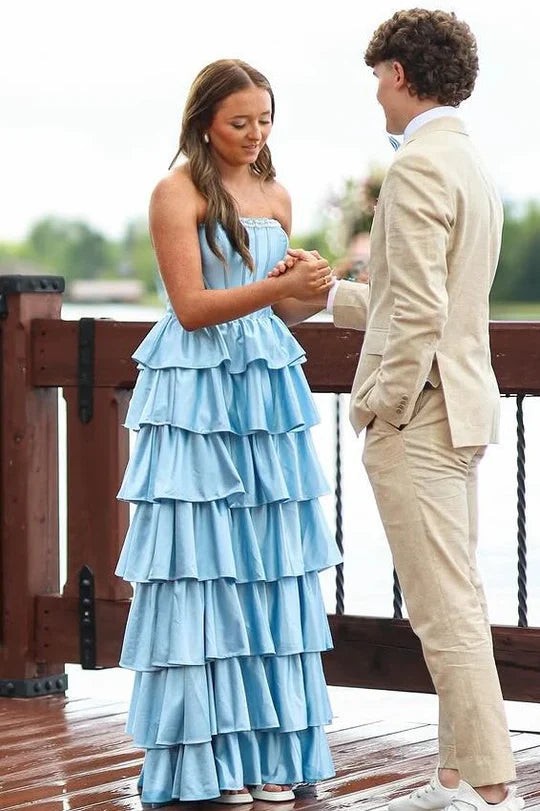 Modest Satin A-Line Strapless Beaded Tiered Party Prom Dress