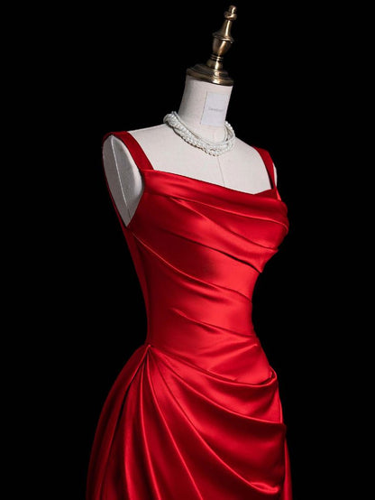 Charming Red Straps Sheath Satin Long Evening Party Dress, MD7951