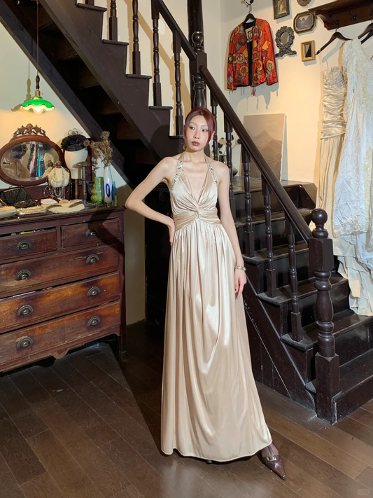 Classic A Line Halter Sequin Champagne Satin Open Back Long Prom Dress Evening Dress SH3037