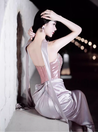Purple Exquisite Beaded Sheath Strapless Corset Satin Prom Dress Party Dress with Slit SH3759