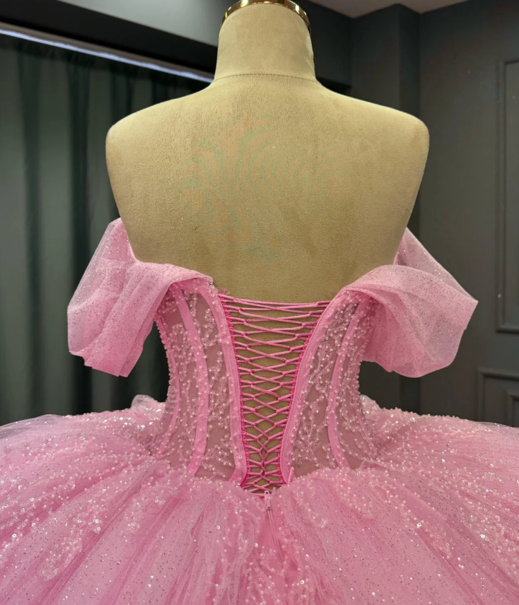 Charming Ball Gown Off-The-Shoulder Appliques Pink Tulle Sweet 16 Dress, Quinceanera Dress SH3038