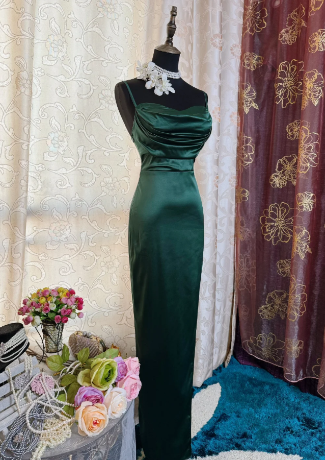 Sexy Spaghetti Straps Emerald Green Satin Sheath Long Evening Dress Formal Wedding Guest Dress SP1894