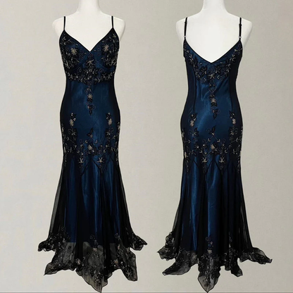 Gorgeous Mermaid Spaghetti Straps Beaded Navy Blue Satin Long Prom Dress SH1150