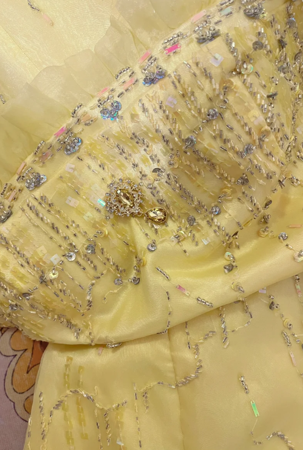 Sweet Strapless Yellow Tulle Satin Beaded Mermaid Long Prom Dress Birthday Party Gown D2137