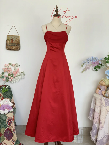 Vintage Yellow Simple A Line Spaghetti Strap Chiffon Satin Prom Dress Outfits SH4952