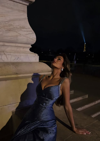 Elegant Dark Blue A Line Straps Beaded Satin Long Prom Dress SH5162