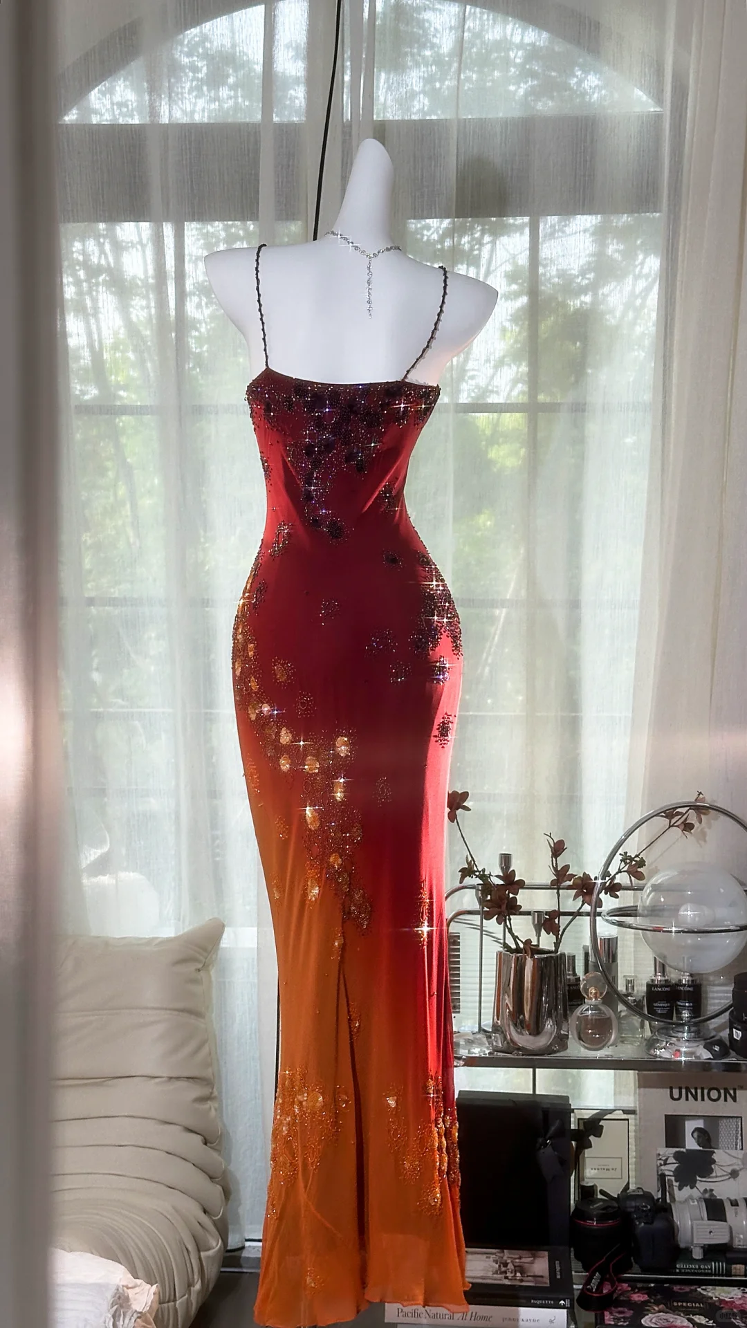 Vintage Spaghetti Straps Ombre Orange Chiffon Sequin Beaded Mermaid Long Party Dress Evening Gown D1313
