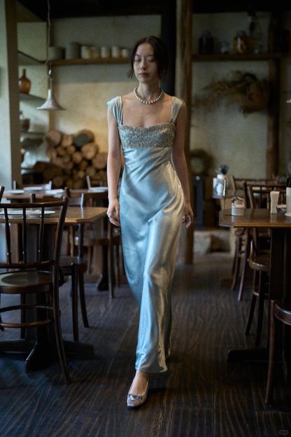 Elegant Blue A Line Straps Beaded Satin Long Prom Dress Date Dress SH4963