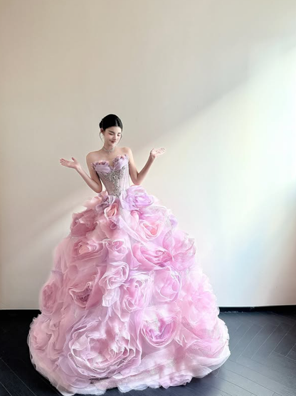 Dreamy Ball Gown Sweetheart Neck Exquisite Beaded Pink Purple Floral Tulle Long Prom Dress SH5036
